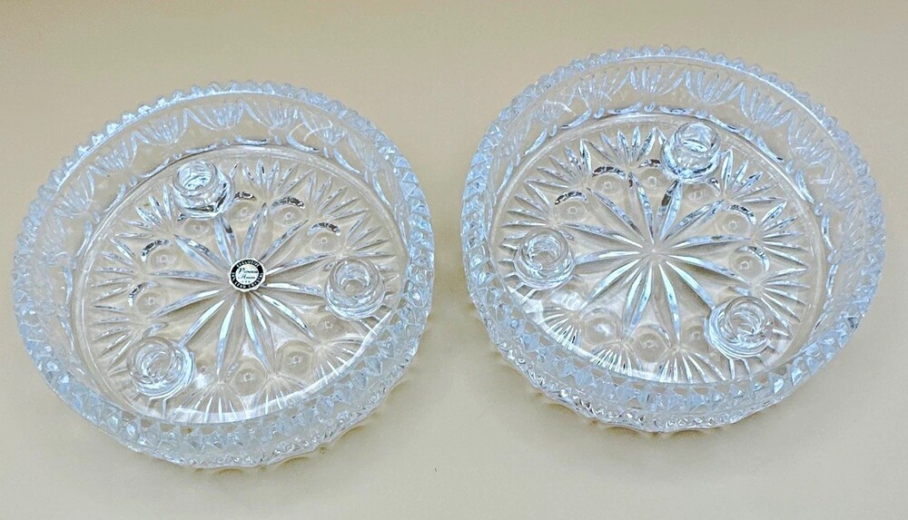 Vintage Princess House Highlights Lead Crystal 3-Lite Taper Candle Bowl Set Pair